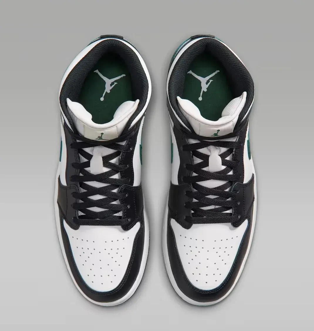 Top view of the Air Jordan 1 Mid "Black/Gorge Green" sneakers.