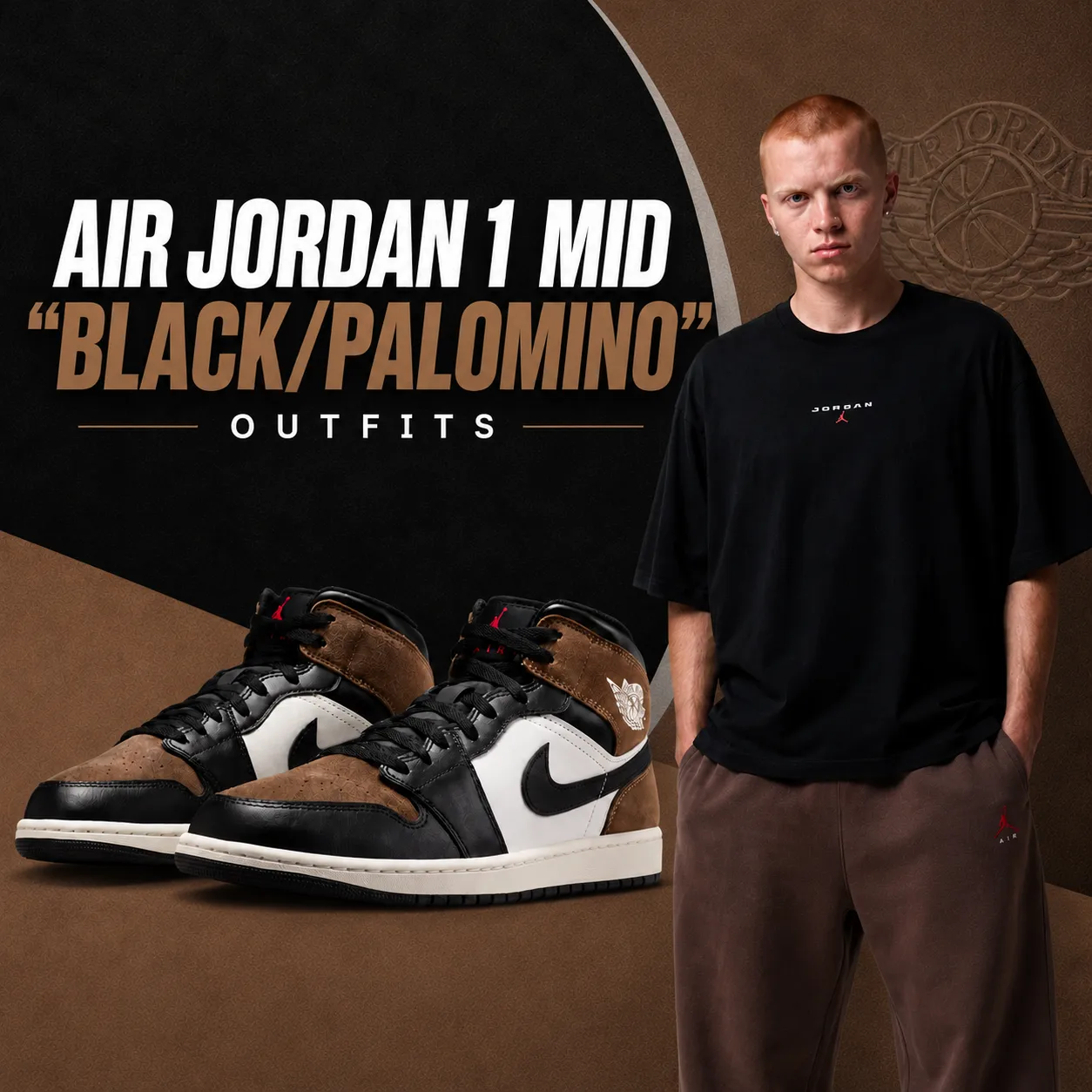 Air Jordan 1 Mid "Black/Palomino" sneakers with matching Jordan apparel featured in a SneakerFits outfit inspiration graphic.