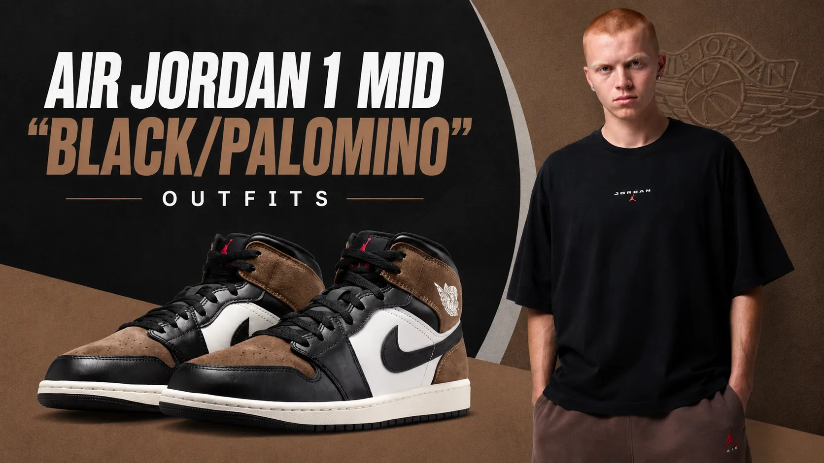 Air Jordan 1 Mid "Black/Palomino" sneakers with matching Jordan apparel featured in a SneakerFits outfit guide.