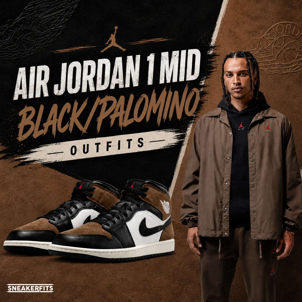 Air Jordan 1 Mid Black Palomino sneakers with matching brown and black Jordan Brand apparel