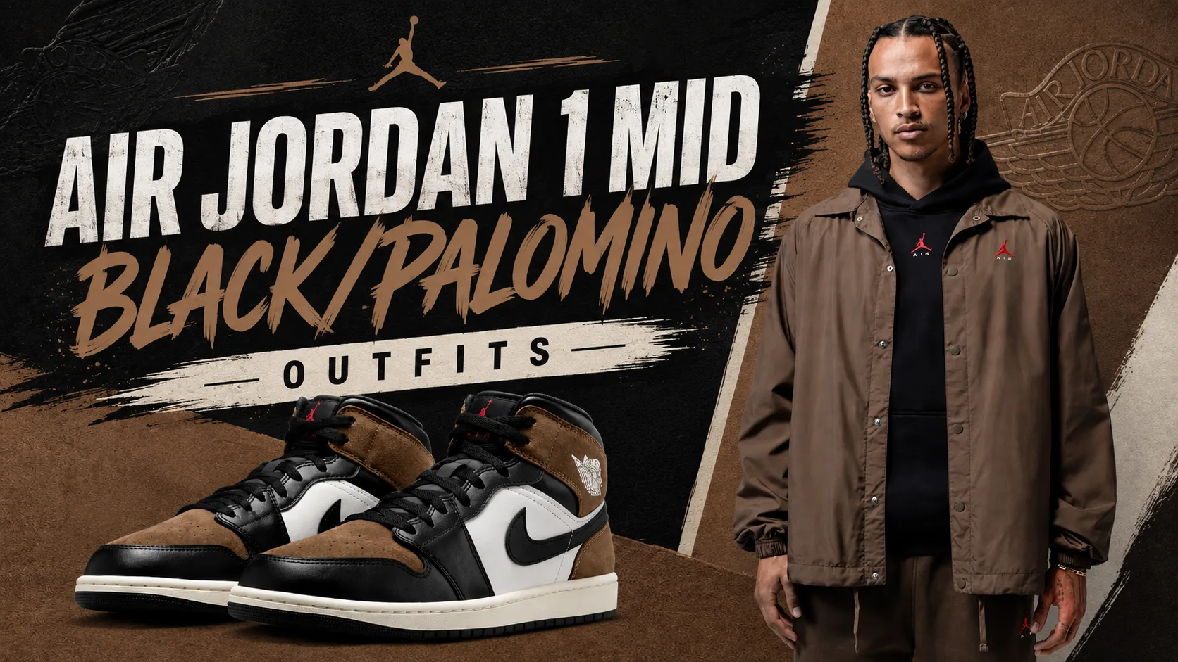 Air Jordan 1 Mid Black Palomino sneakers with matching Jordan Brand black and brown apparel.