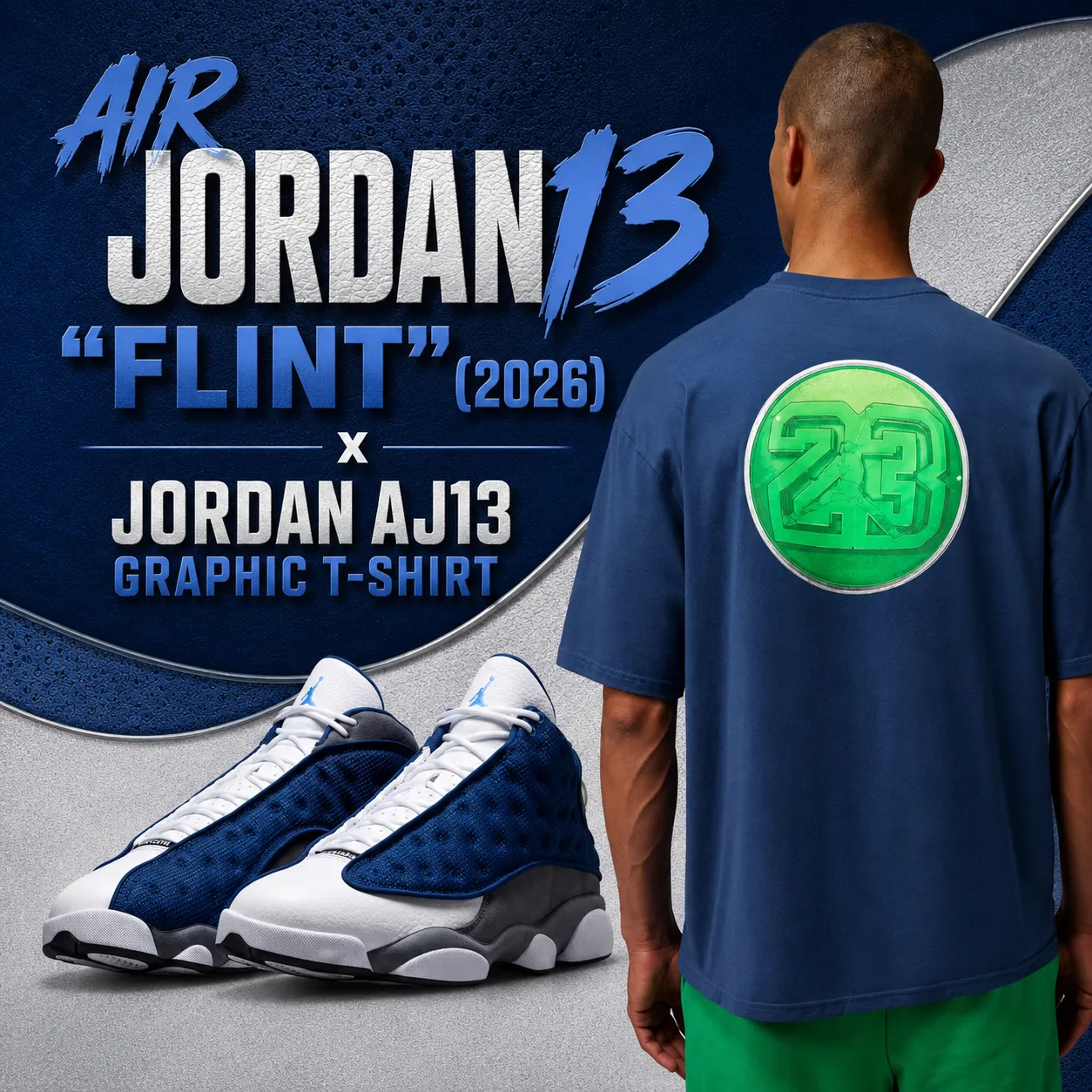 Air Jordan 13 "Flint" (2026) sneakers with the Jordan AJ13 Graphic T-Shirt in navy featured in a promotional outfit graphic.