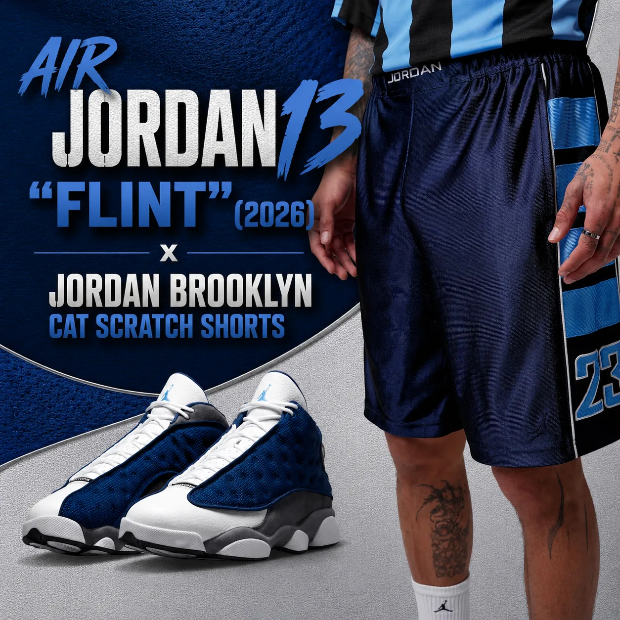 Air Jordan 13 "Flint" (2026) sneakers styled with the Jordan Brooklyn Cat Scratch Shorts in Midnight Navy, shown in a featured outfit image with the shoes on the left and the shorts on the right.