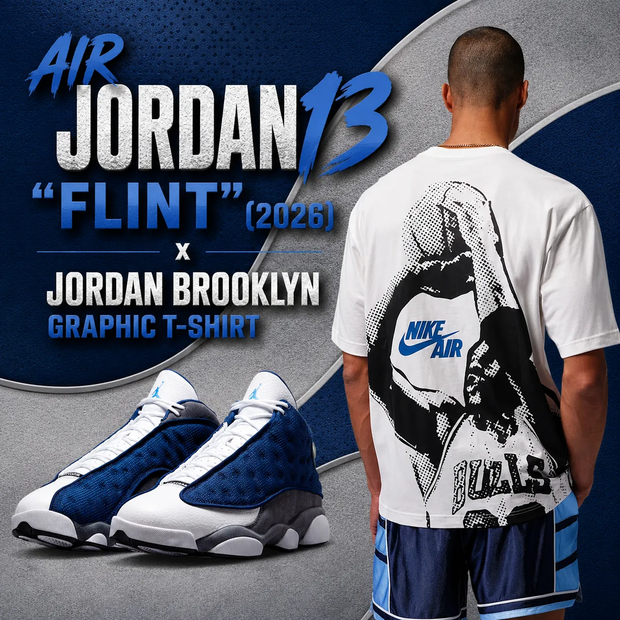 Air Jordan 13 "Flint" (2026) sneakers paired with the Jordan Brooklyn Graphic T-Shirt in a featured outfit image showing the shoes alongside the back graphic of the white T-shirt.