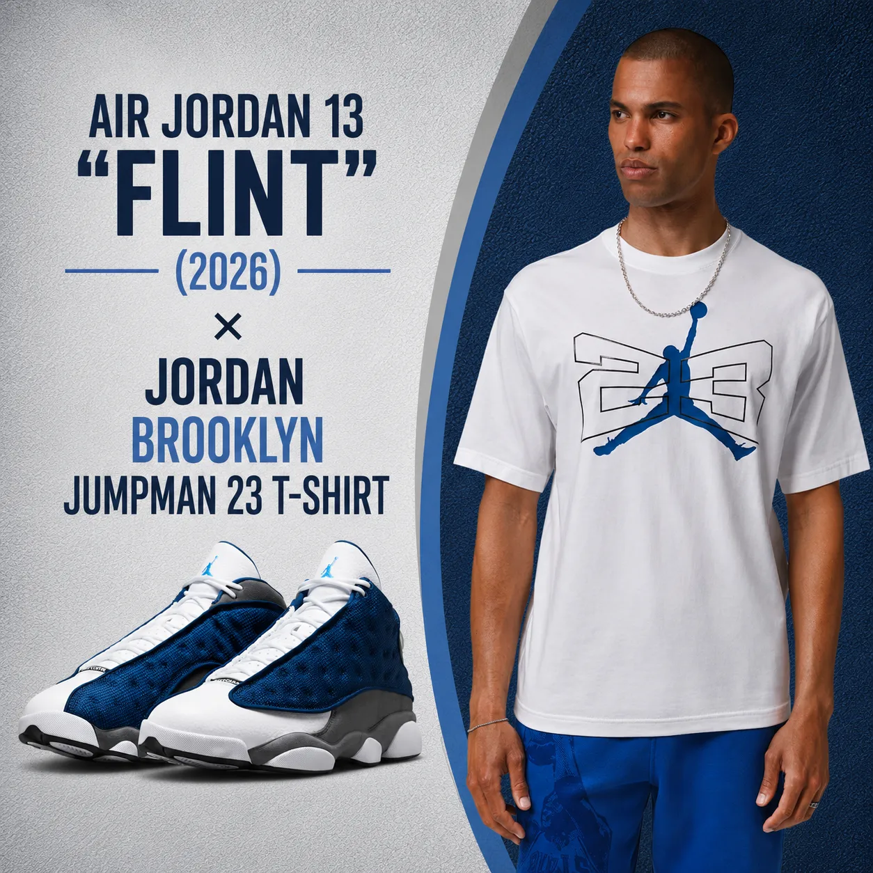 Air Jordan 13 "Flint" (2026) sneakers paired with the Jordan Brooklyn Jumpman 23 T-Shirt in a square outfit inspiration graphic featuring the matching white graphic tee.