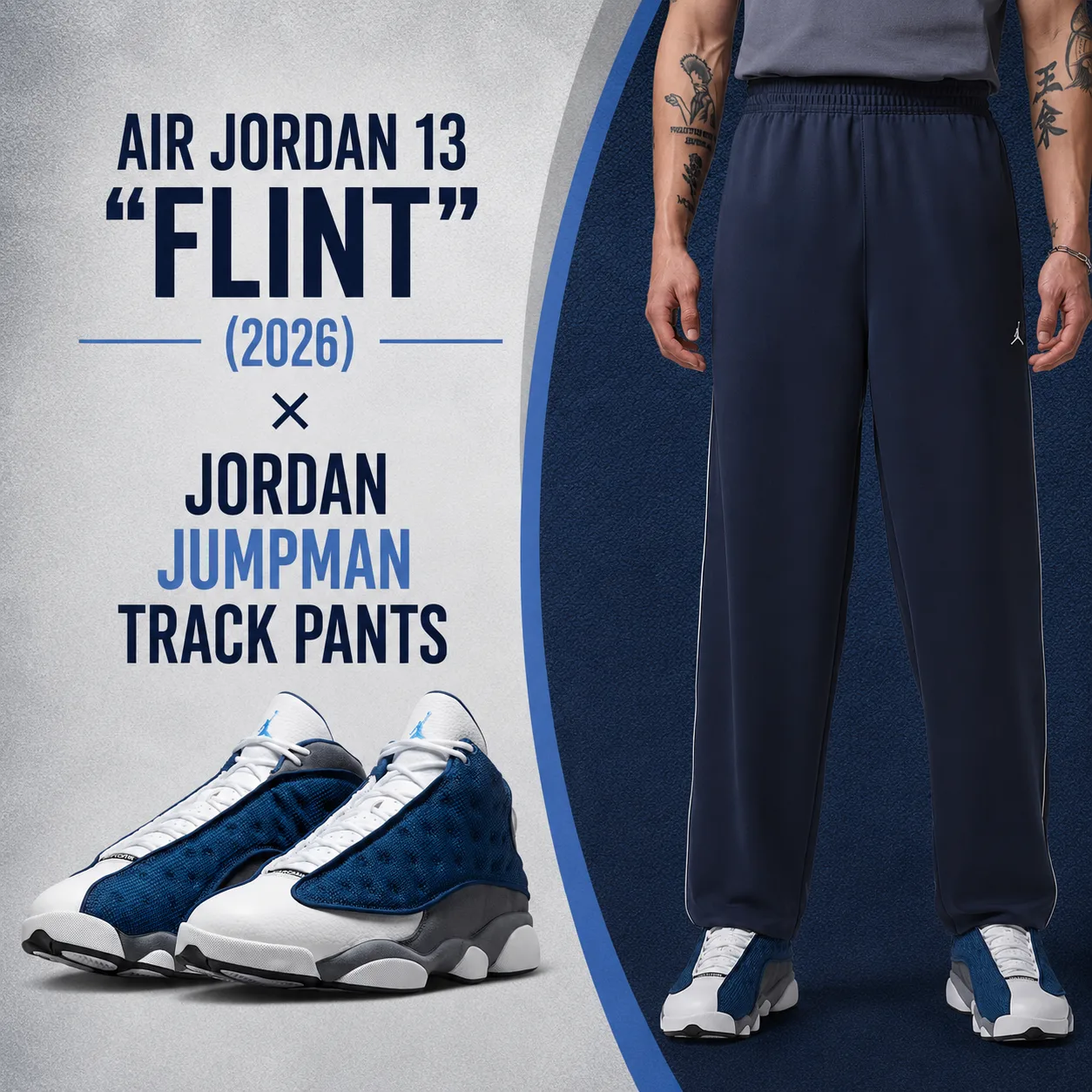 Air Jordan 13 "Flint" (2026) sneakers paired with Jordan Jumpman Track Pants, shown in a matching outfit inspiration graphic.