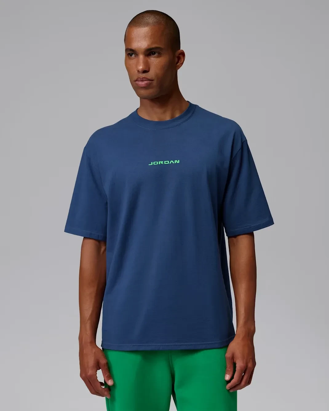 Front view of the Jordan Men's T-Shirt in French Blue, matching the Air Jordan 13 Flint (2026).