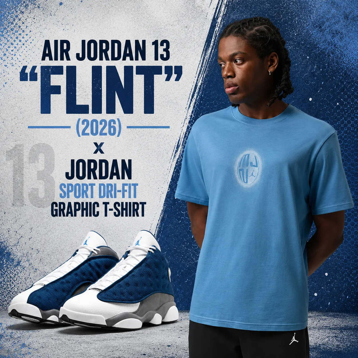 Air Jordan 13 "Flint" (2026) sneakers styled with the Jordan Sport Dri-FIT Graphic T-Shirt in University Blue on a textured blue-and-white promotional outfit graphic.
