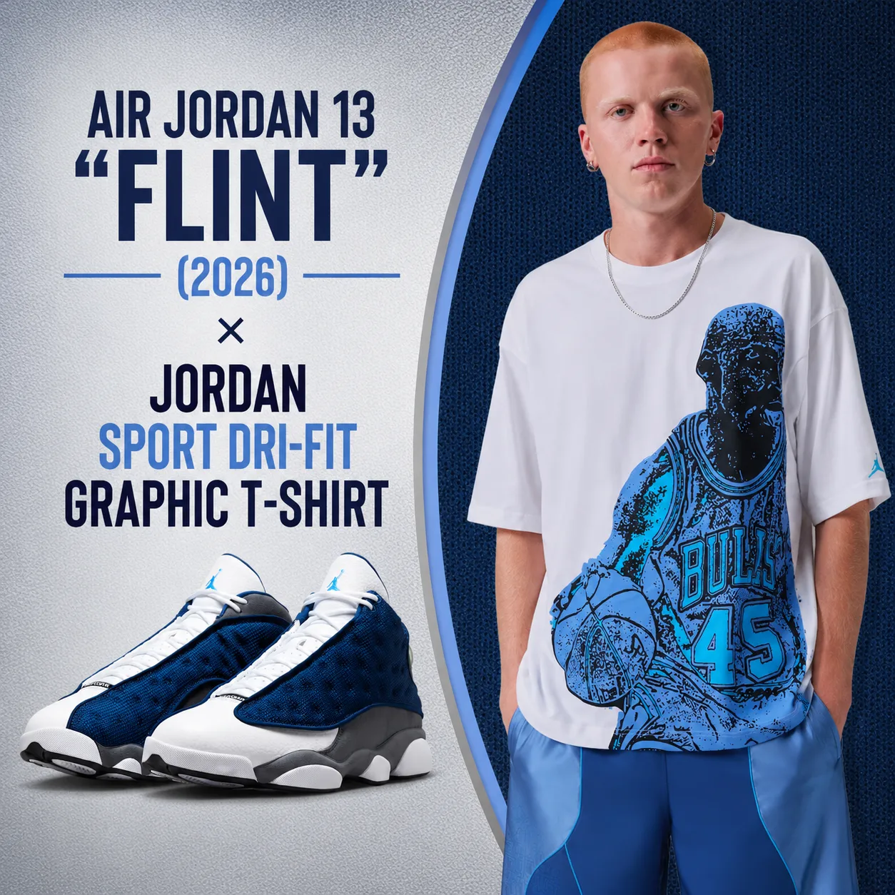 Air Jordan 13 "Flint" (2026) sneakers paired with the Jordan Sport Dri-FIT Graphic T-Shirt in white, displayed in a square outfit inspiration graphic with the sneakers on the left and the model wearing the graphic T-shirt on the right.