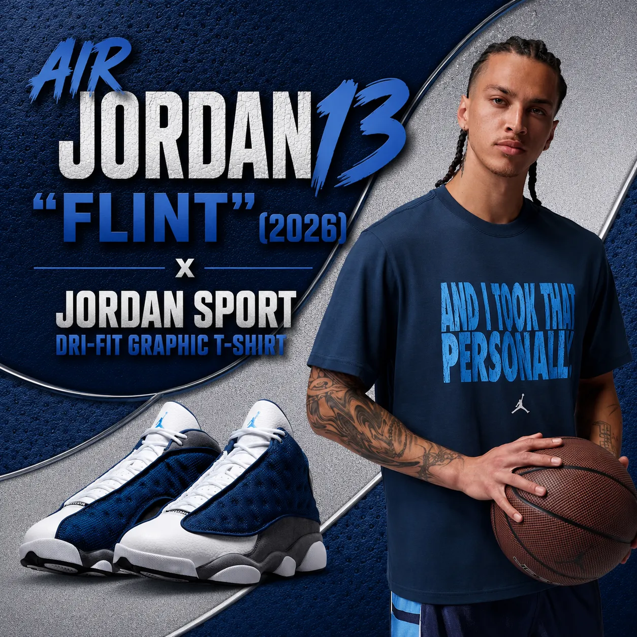 Air Jordan 13 "Flint" (2026) sneakers paired with the Jordan Sport Dri-FIT Graphic T-Shirt in Midnight Navy, shown in a featured outfit image with the shoes on the left and the model on the right.