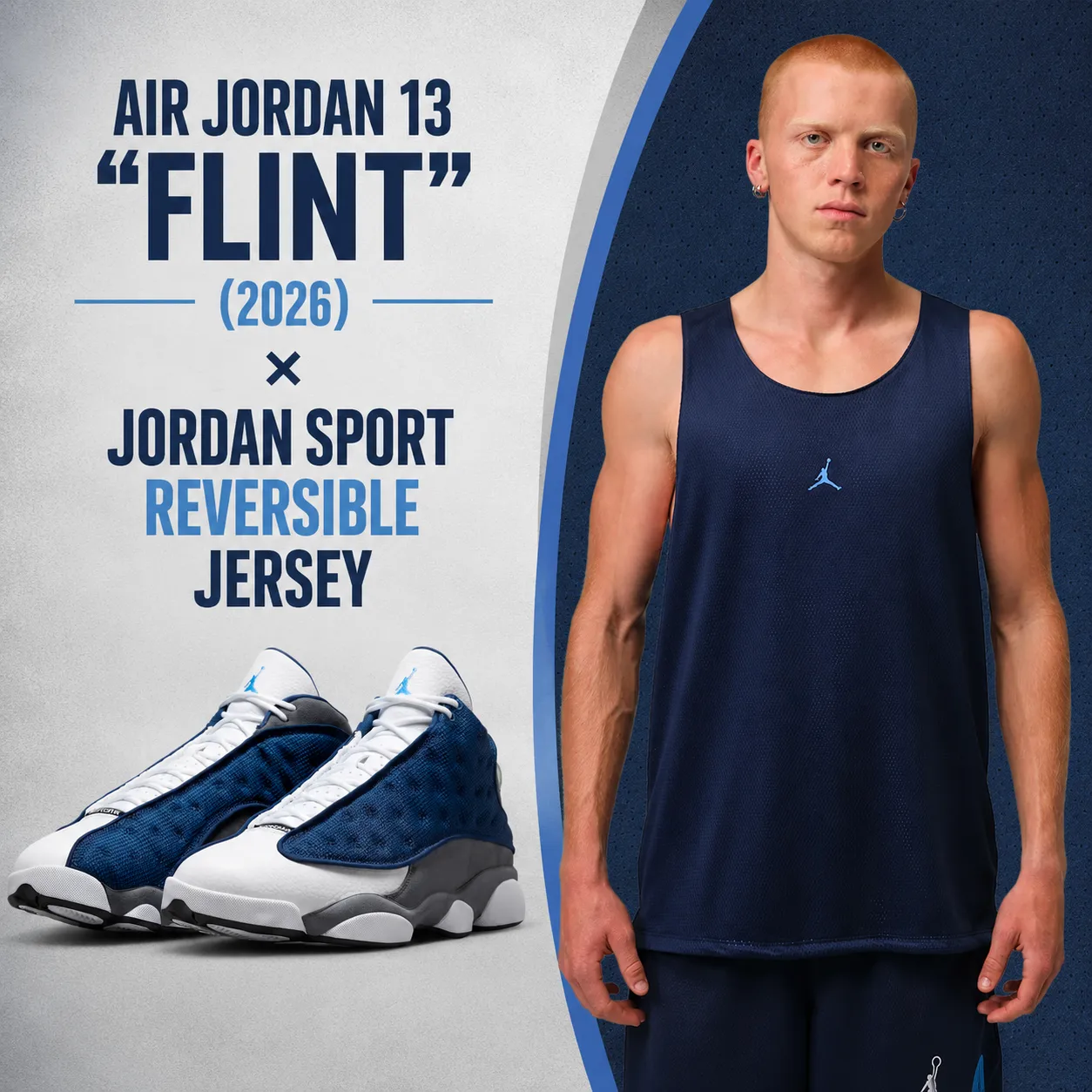 Air Jordan 13 "Flint" (2026) sneakers paired with the Jordan Sport Reversible Jersey in Midnight Navy in a matching outfit inspiration graphic.