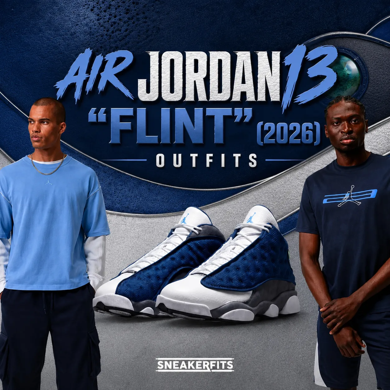 Promotional graphic featuring the Air Jordan 13 "Flint" (2026) sneakers with matching Jordan apparel outfits and subtle SneakerFits branding.