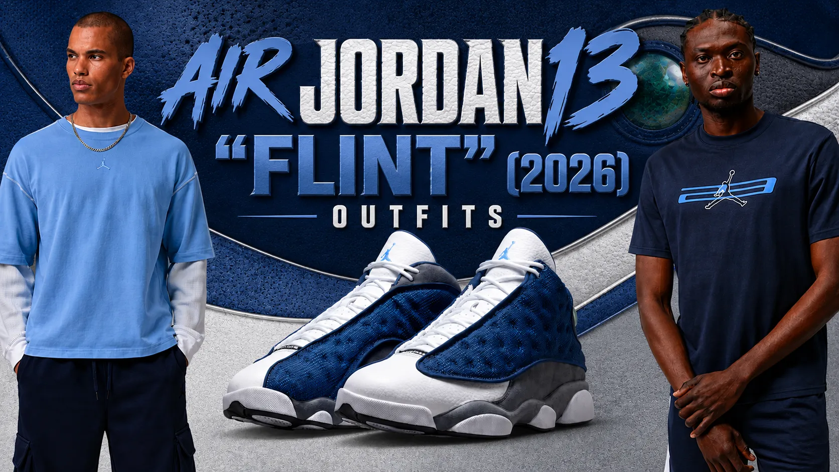 Air Jordan 13 "Flint" (2026) sneakers with matching Jordan apparel outfits featured in a SneakerFits outfit guide.