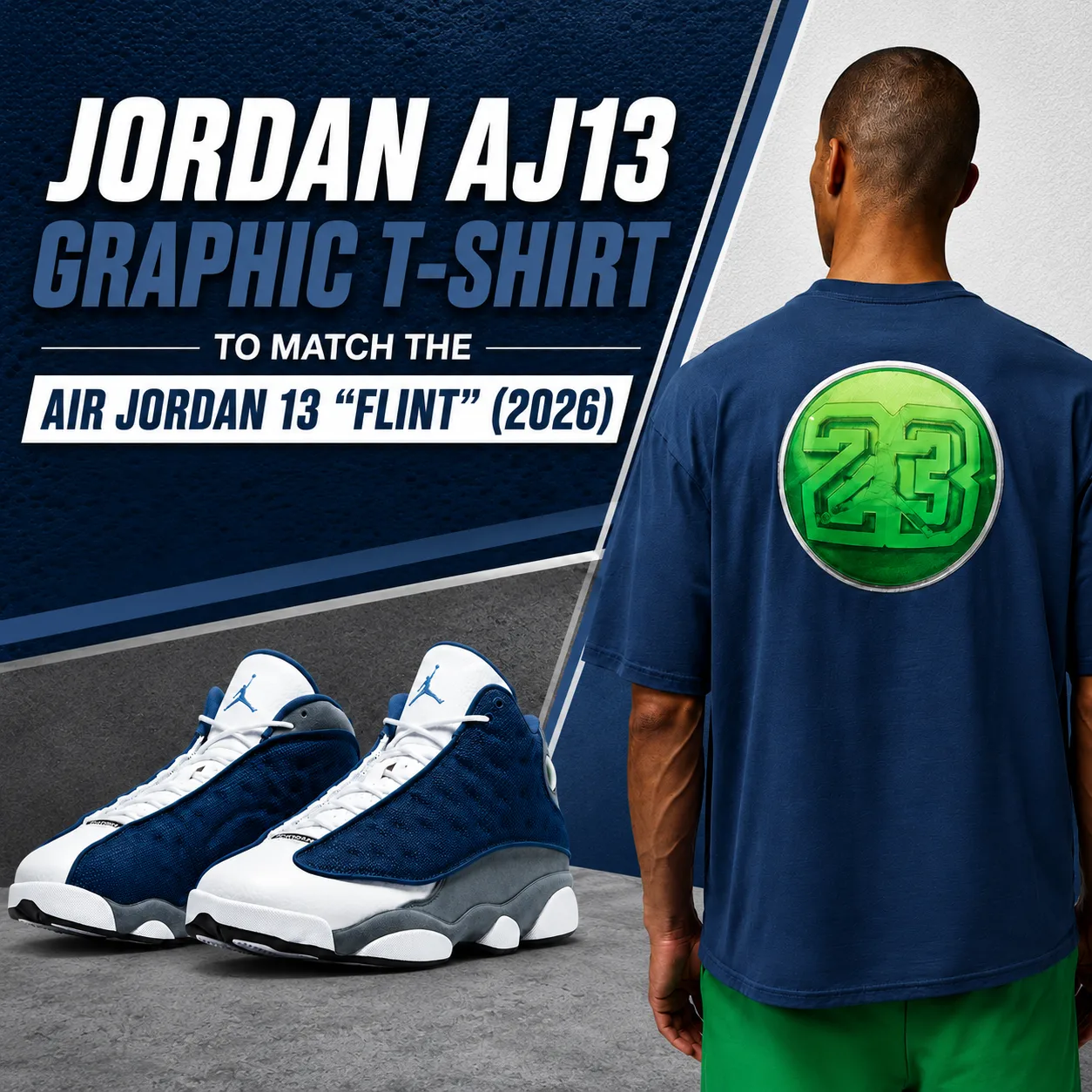 Air Jordan 13 "Flint" (2026) sneakers alongside a model wearing the Jordan AJ13 Graphic T-Shirt in a matching outfit.
