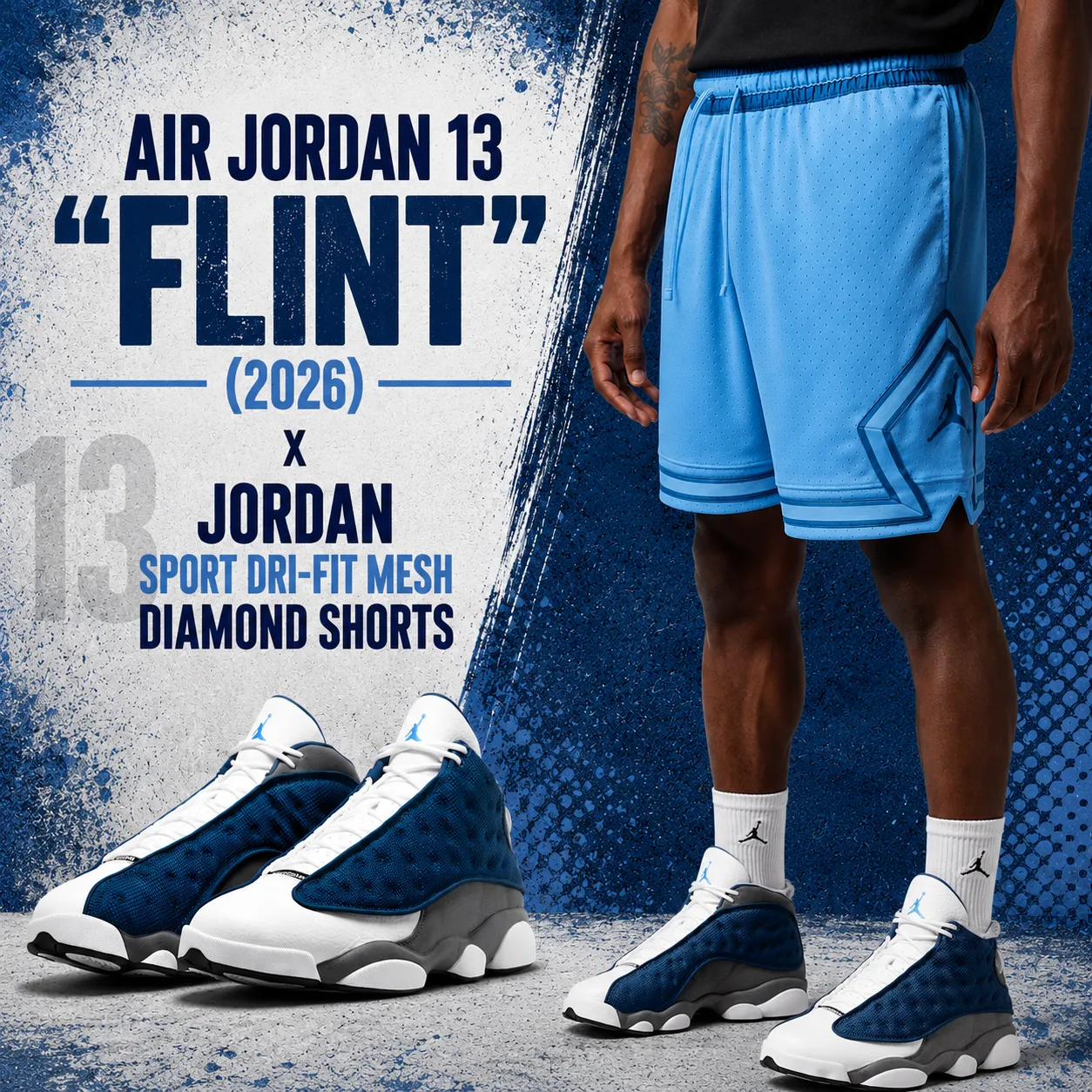Air Jordan 13 "Flint" (2026) sneakers styled with Jordan Sport Dri-FIT Mesh Diamond Shorts in University Blue on a textured blue and white graphic background.