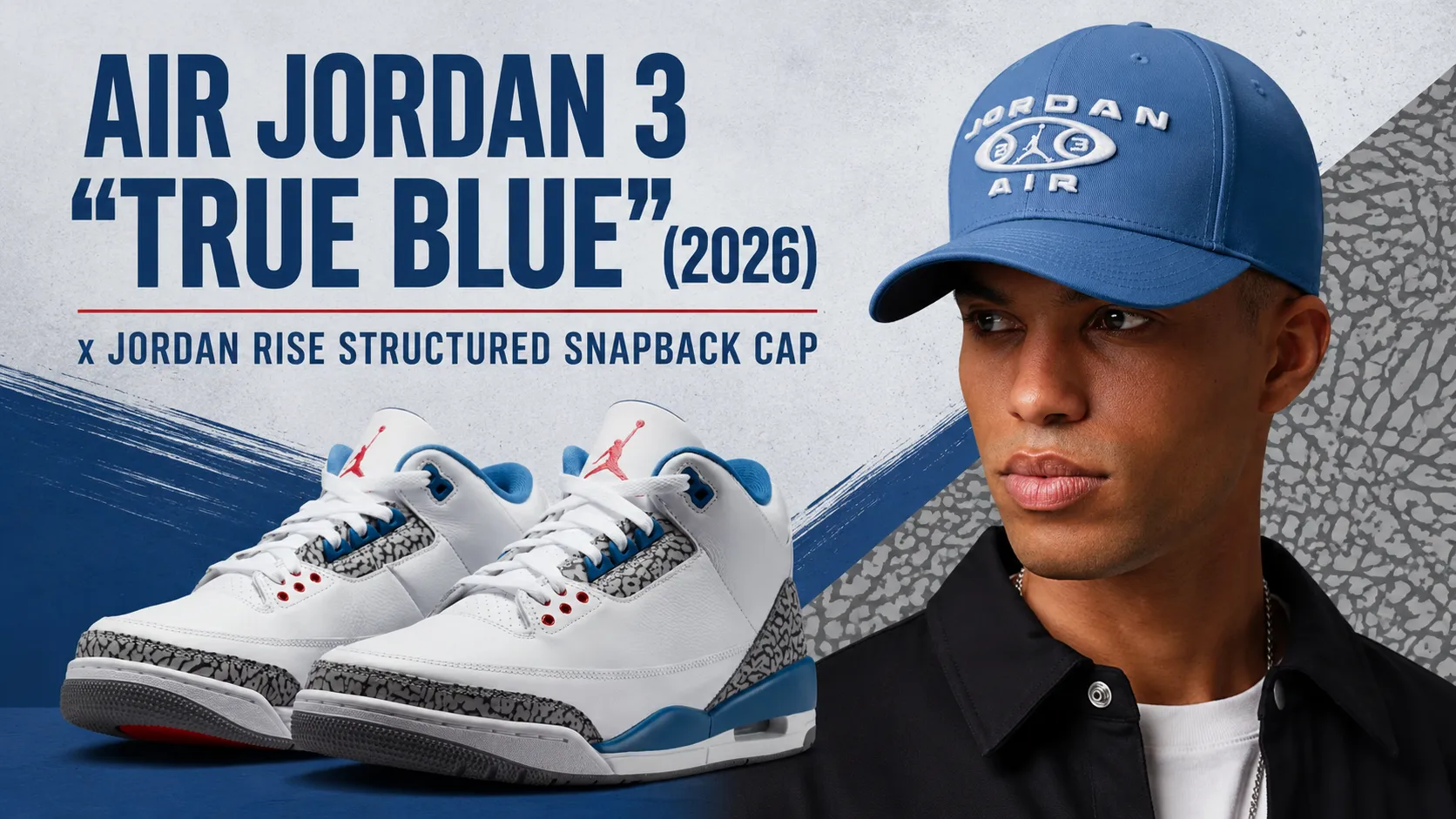 Air Jordan 3 "True Blue" (2026) sneakers with the Jordan Rise Structured Snapback Cap in True Blue featured in a matching outfit graphic.