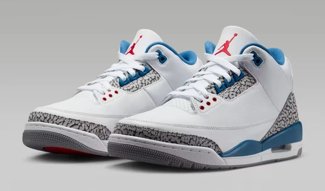 Angled pair of the Air Jordan 3 True Blue (2026) Retro OG sneakers.