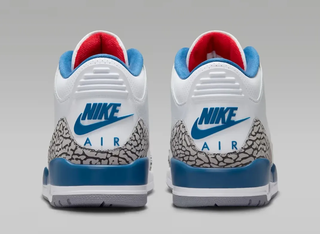 Rear view of the Air Jordan 3 True Blue (2026) featuring Nike Air heel branding.