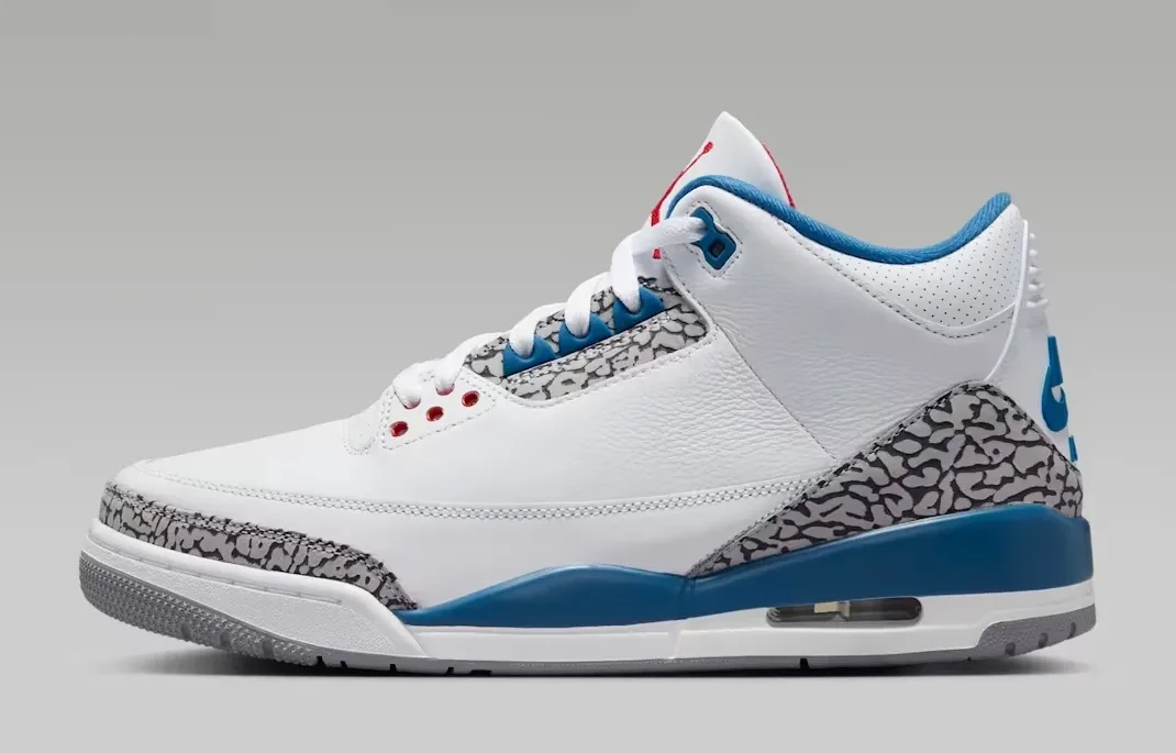 Lateral side view of the Air Jordan 3 True Blue (2026) Retro OG sneaker in white, True Blue, Cement Grey and Fire Red.