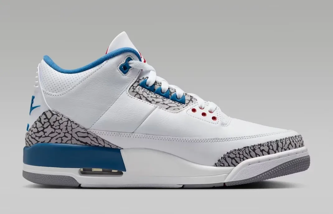 Medial side view of the Air Jordan 3 True Blue (2026) Retro OG sneaker.