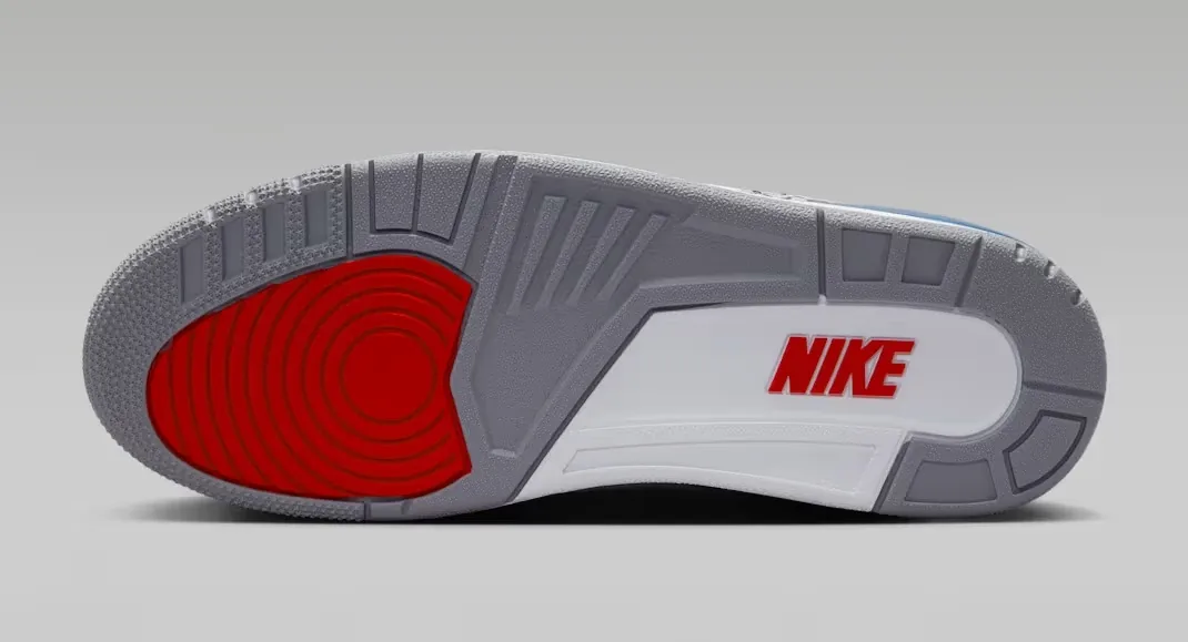 Outsole of the Air Jordan 3 True Blue (2026) Retro OG sneaker.