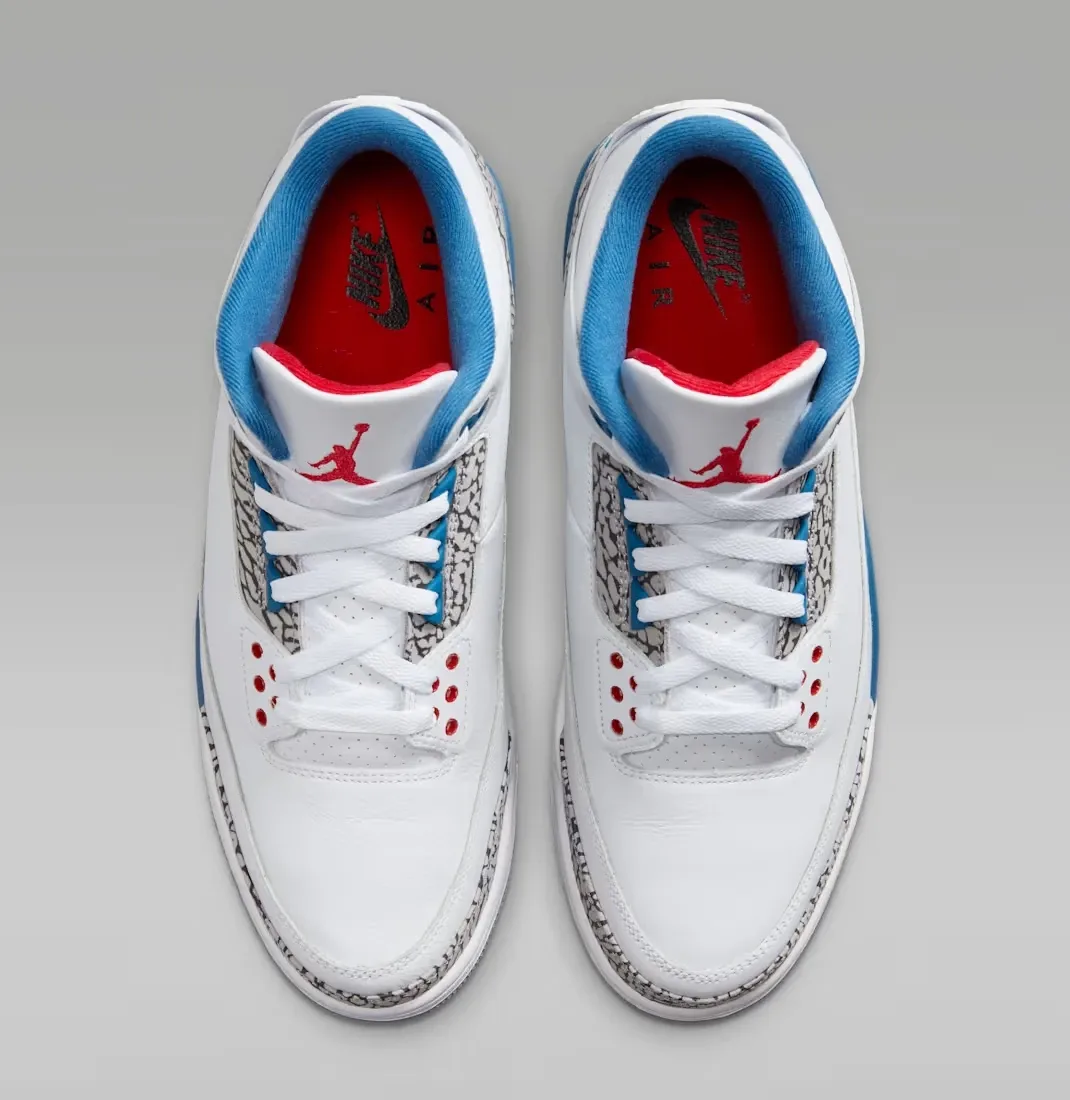 Top-down view of the Air Jordan 3 True Blue (2026) showing the tongue, laces and interior.