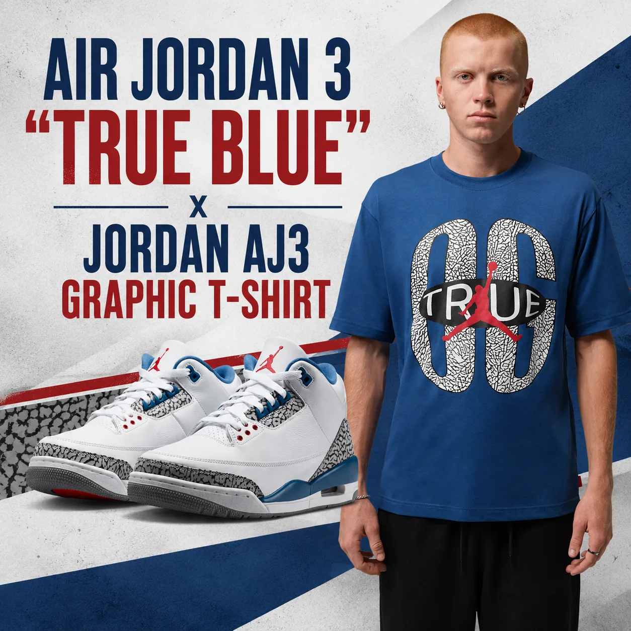 Air Jordan 3 "True Blue" (2026) sneakers paired with the Jordan AJ3 Graphic T-Shirt in Blue in a matching outfit inspiration graphic.