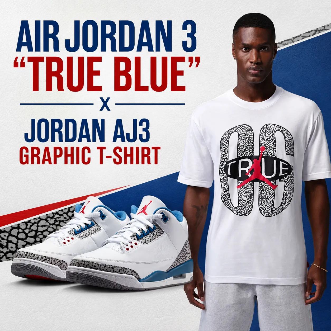 Air Jordan 3 "True Blue" sneakers paired with the Jordan AJ3 Graphic T-Shirt in White in a promotional outfit graphic with a sneaker-inspired background.