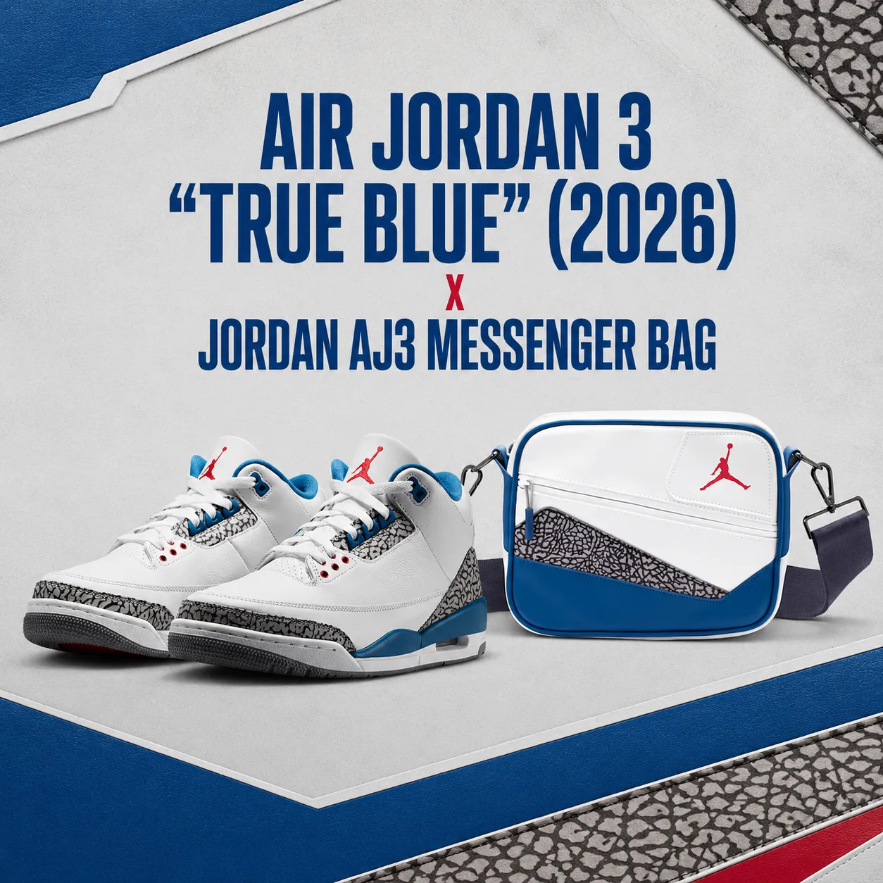 Air Jordan 3 True Blue sneakers with the matching Jordan AJ3 True Blue Messenger Bag.
