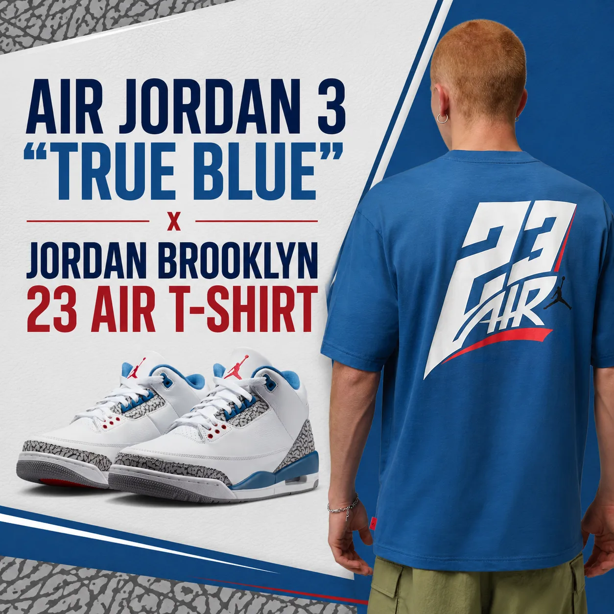Air Jordan 3 "True Blue" sneakers paired with the Jordan Brooklyn 23 Air T-Shirt in a promotional outfit graphic featuring matching apparel inspiration.