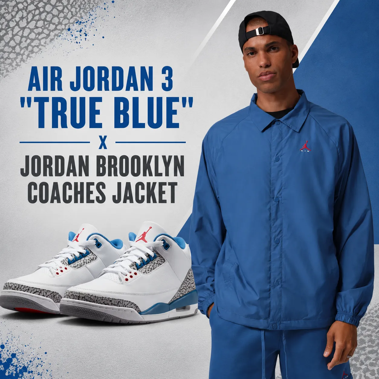 Air Jordan 3 "True Blue" sneakers paired with the Jordan Brooklyn Coaches Jacket in a square outfit inspiration graphic featuring the sneakers alongside the matching jacket.