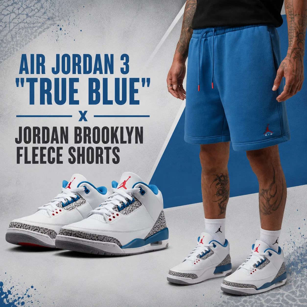 Air Jordan 3 "True Blue" sneakers paired with Jordan Brooklyn Fleece Shorts in a square outfit inspiration graphic featuring the sneakers alongside the matching shorts.