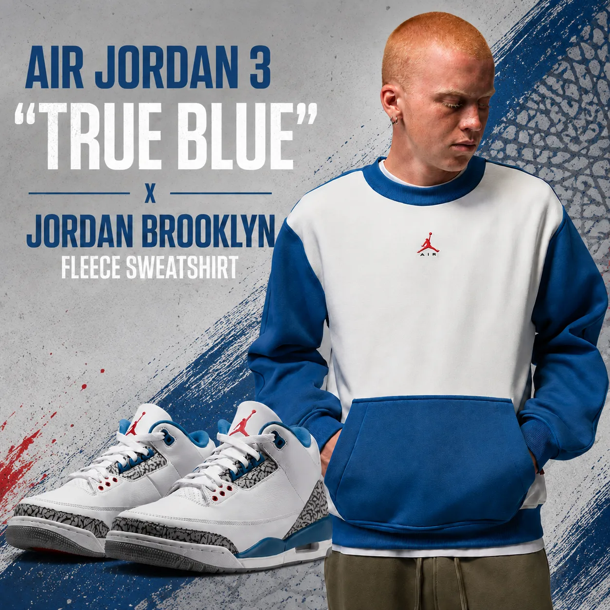 Air Jordan 3 True Blue sneakers with matching Jordan Brooklyn Fleece Sweatshirt in white and True Blue.