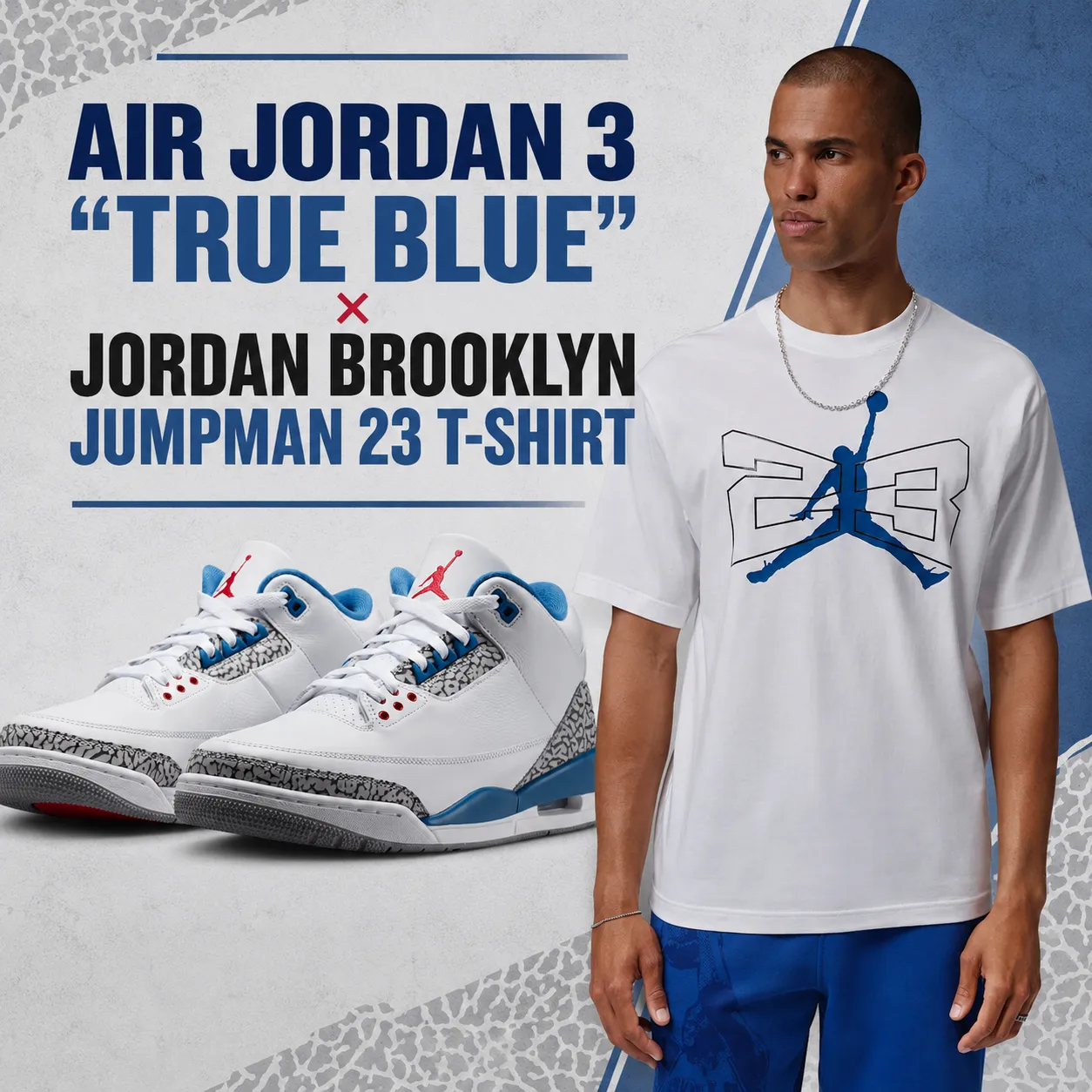 Air Jordan 3 "True Blue" sneakers paired with the Jordan Brooklyn Jumpman 23 T-Shirt in Sail and True Blue as a matching outfit idea.