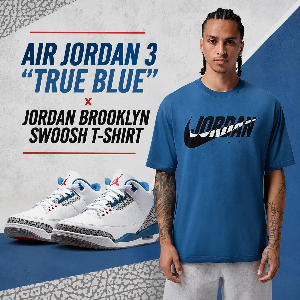 Air Jordan 3 "True Blue" sneakers paired with the Jordan Brooklyn Swoosh T-Shirt in True Blue for a coordinated outfit idea.