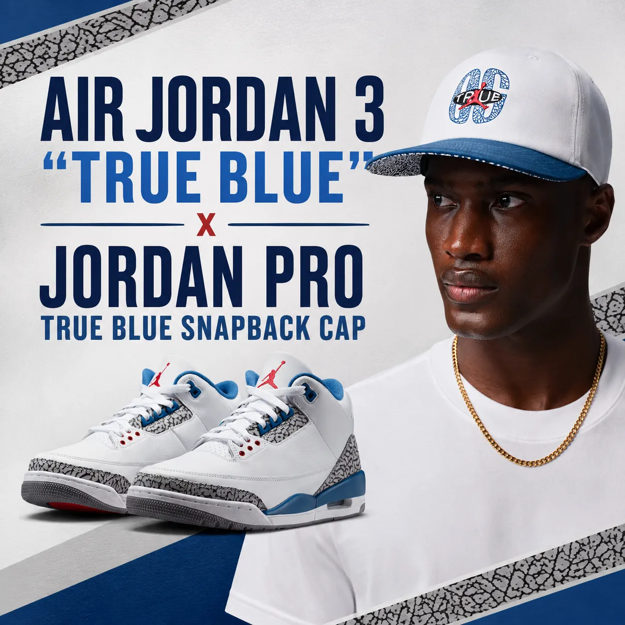 Air Jordan 3 "True Blue" (2026) sneakers paired with the Jordan Pro True Blue Snapback Cap in a matching outfit inspiration graphic.