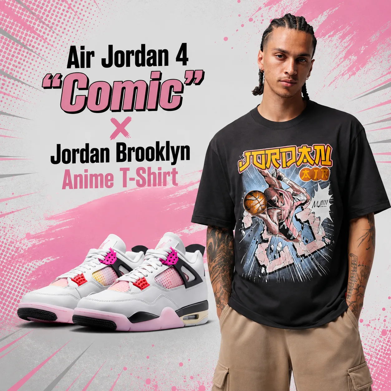 Air Jordan 4 “Comic” sneakers paired with the Jordan Brooklyn Anime T-Shirt in Black.