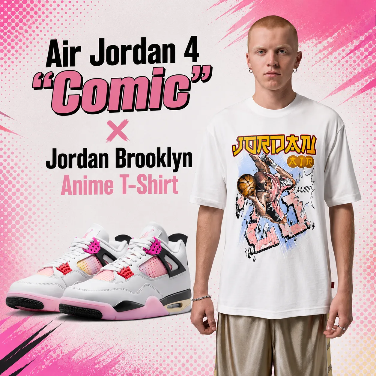 Air Jordan 4 “Comic” sneakers paired with the Jordan Brooklyn Anime T-Shirt in Sail.