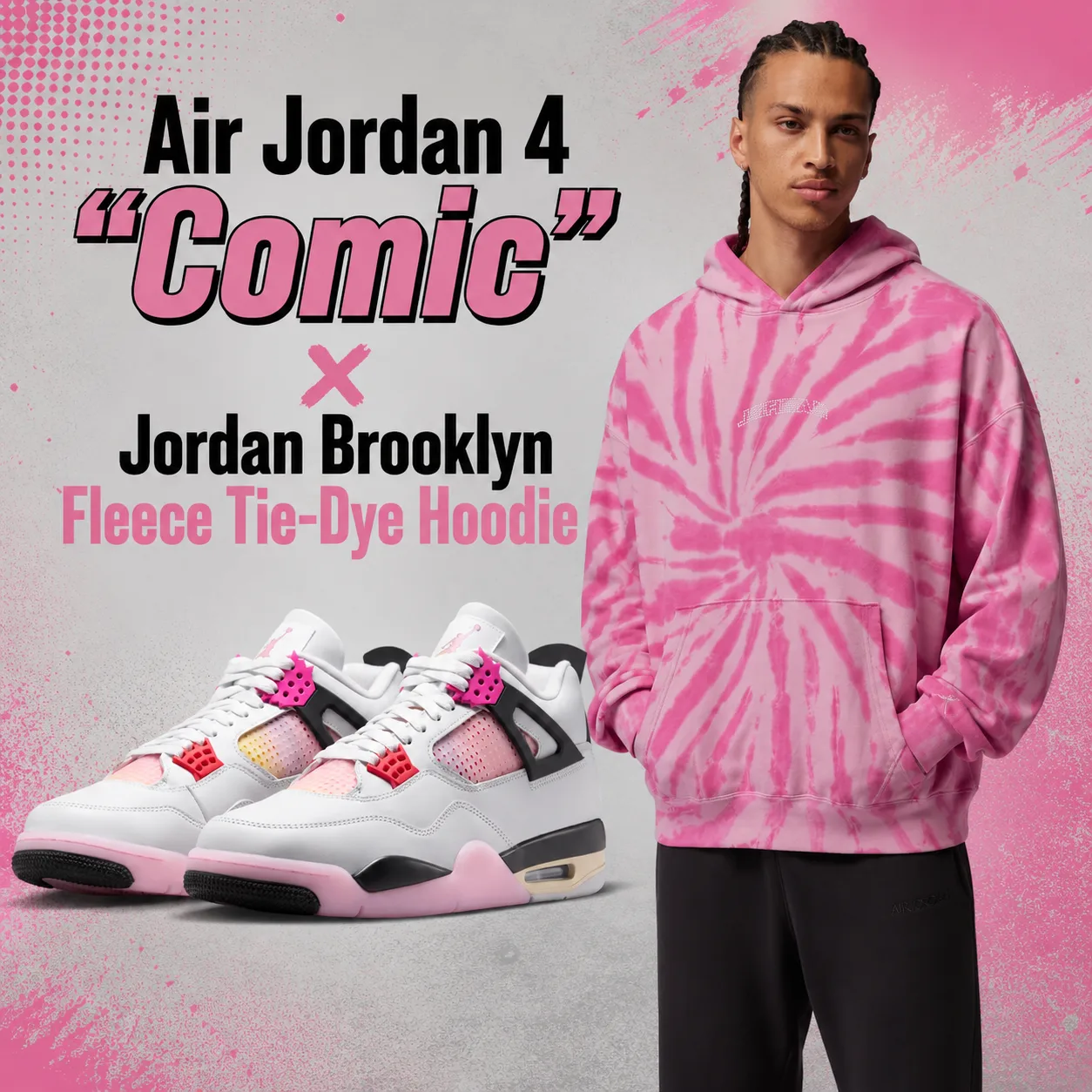 Air Jordan 4 "Comic" sneakers paired with the Jordan Brooklyn Fleece Tie-Dye Hoodie in a promotional outfit graphic featuring matching apparel inspiration.