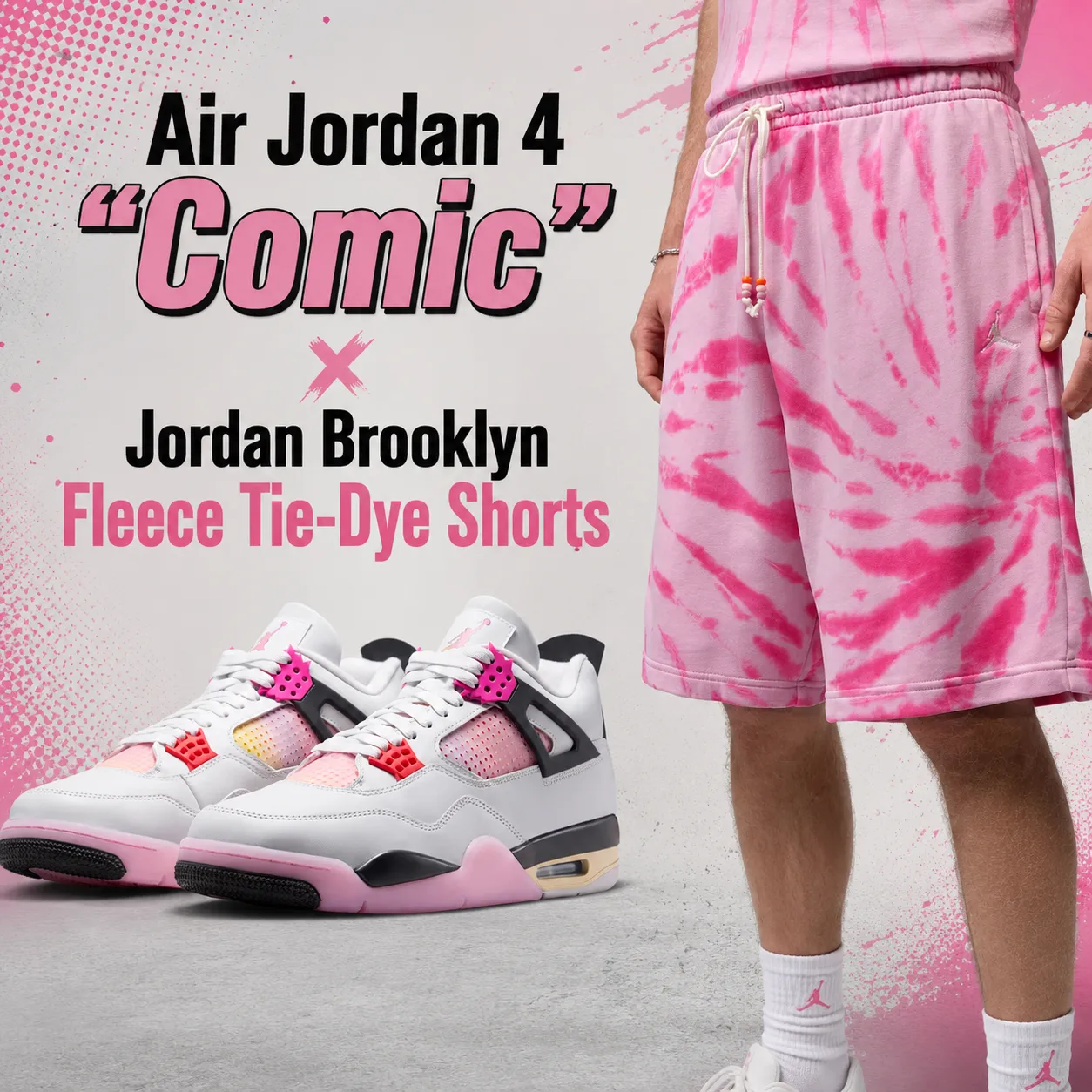 Air Jordan 4 “Comic” sneakers paired with Jordan Brooklyn Fleece Tie-Dye Shorts in pink and pale ivory.