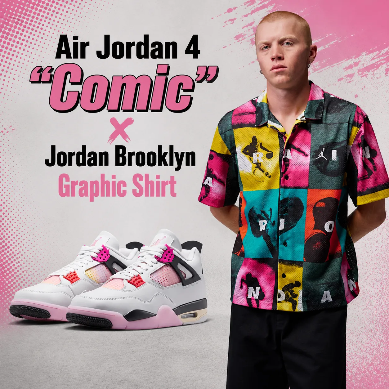 Air Jordan 4 "Comic" sneakers paired with the Jordan Brooklyn Graphic Shirt in a promotional outfit graphic featuring matching apparel inspiration.
