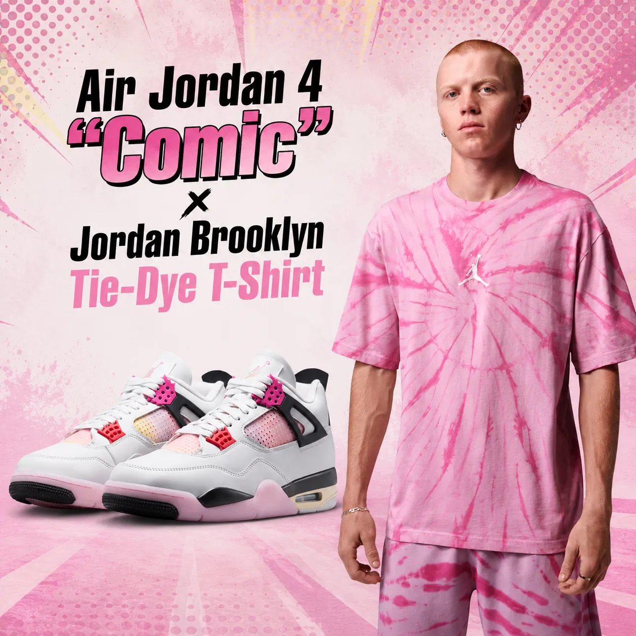 Air Jordan 4 "Comic" sneakers paired with the Jordan Brooklyn Tie-Dye T-Shirt in a matching outfit inspiration graphic.