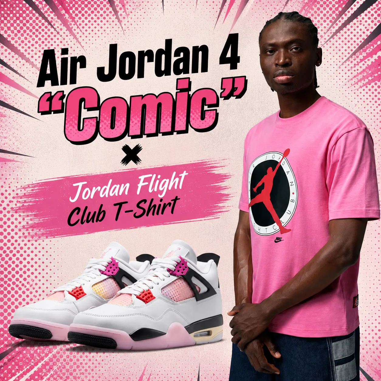 Air Jordan 4 “Comic” sneakers paired with the Jordan Flight Club T-Shirt in a square promotional graphic featuring a pink comic-inspired background.