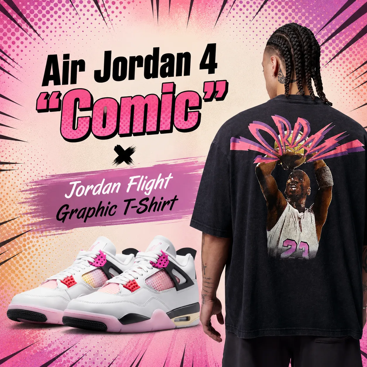 Air Jordan 4 "Comic" sneakers paired with the Jordan Flight Graphic T-Shirt in black, showcasing a matching outfit idea inspired by the sneaker's pink, white and black color palette.
