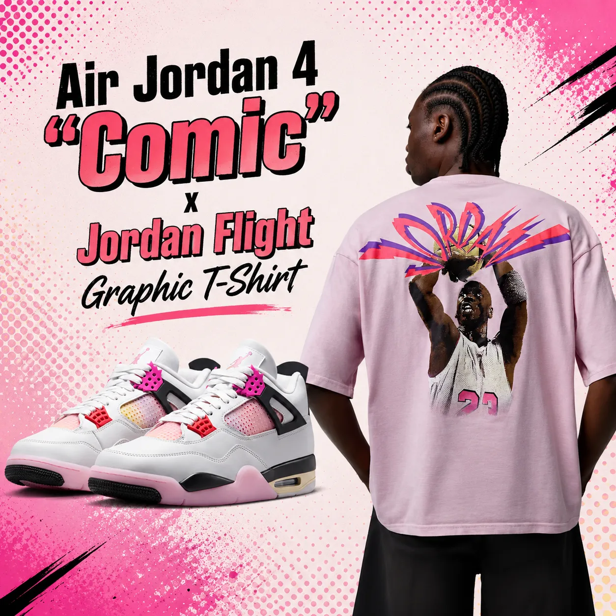 Air Jordan 4 "Comic" sneakers paired with the Jordan Flight Graphic T-Shirt in pink, showcasing a matching outfit idea inspired by the sneaker's pink, white and black color palette.