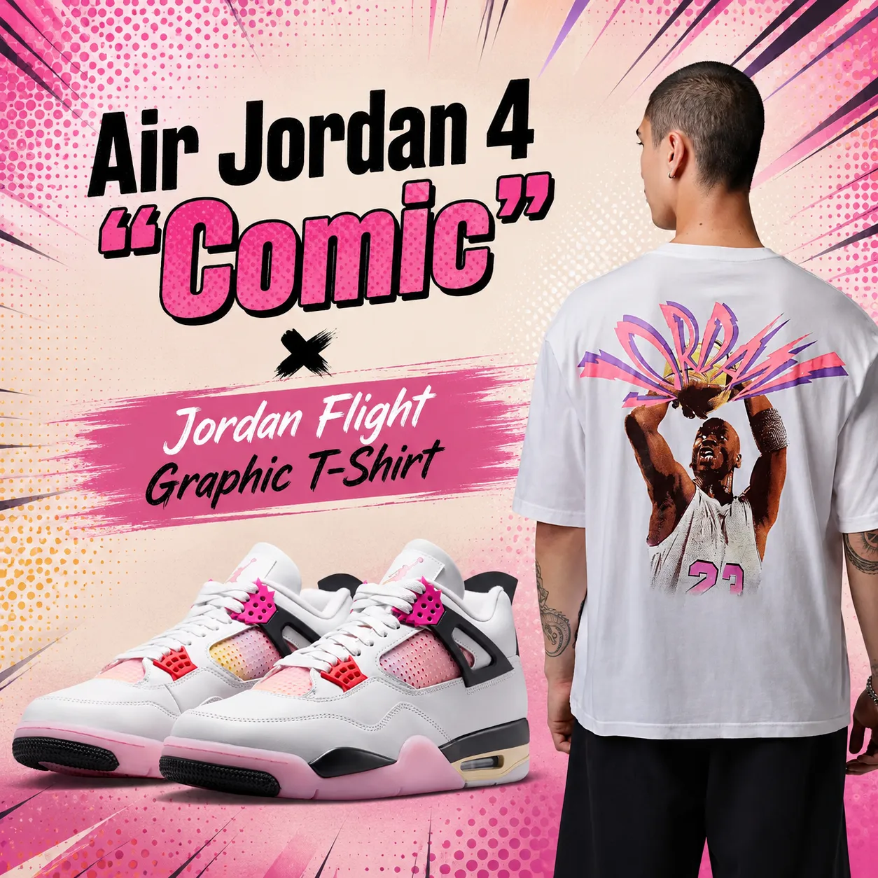 Air Jordan 4 "Comic" sneakers paired with the Jordan Flight Graphic T-Shirt in white, showcasing a matching outfit idea inspired by the sneaker's pink, white and black color palette.