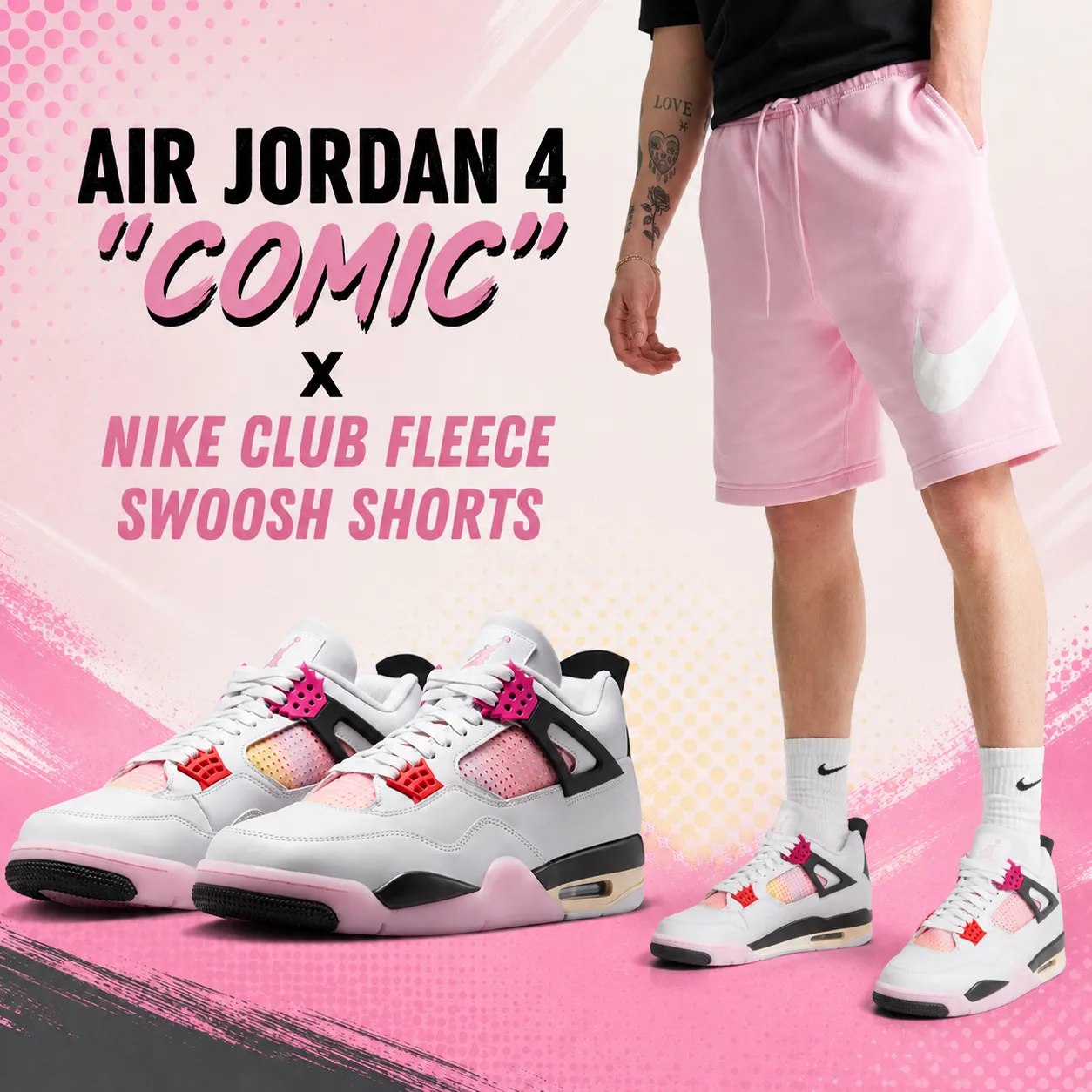 Promotional graphic featuring the Air Jordan 4 "Comic" sneakers paired with Nike Club Fleece Swoosh Shorts in Pink Foam, showing the full lower body of the model wearing the shorts with matching Air Jordan 4 "Comic" sneakers.