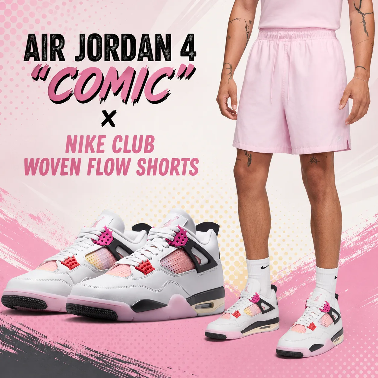 Promotional graphic featuring the Air Jordan 4 "Comic" sneakers paired with the Nike Club Woven Flow Shorts in Pink Foam with a comic-inspired pink, white and black background.