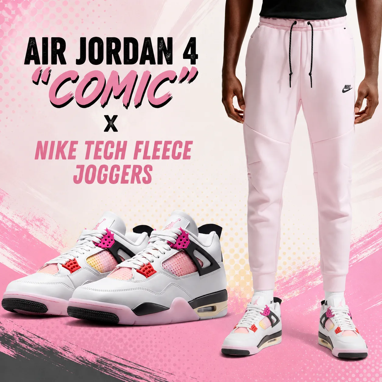 Promotional graphic featuring the Air Jordan 4 "Comic" sneakers paired with the Nike Tech Fleece Joggers in Pink Foam against a comic-inspired pink background.