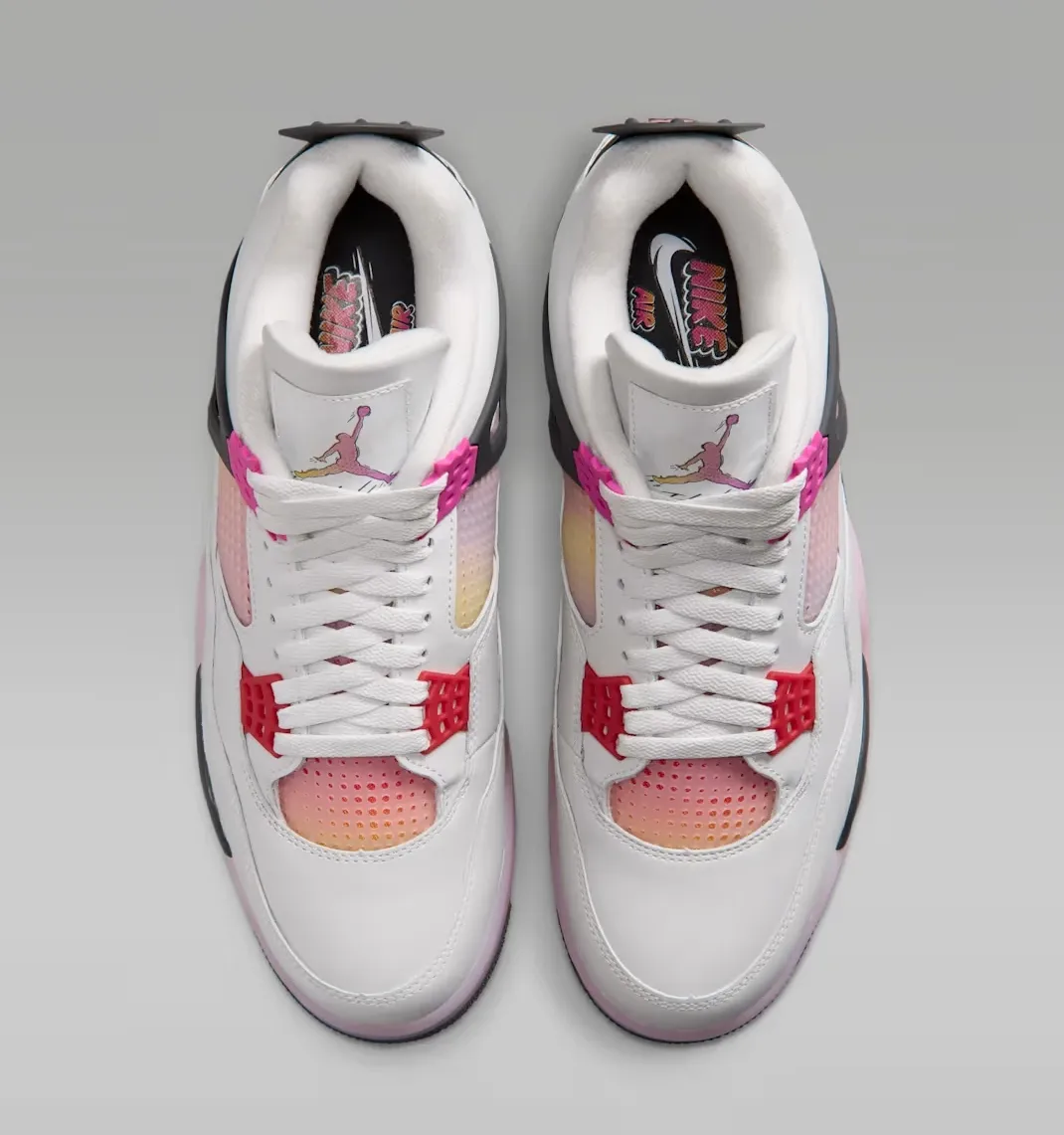 Top view of the Air Jordan 4 Comic showing the tongue, laces and gradient mesh panels.